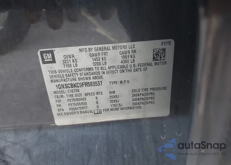 2015 Chevrolet Tahoe Lt z USA, uszkodzony, nr VIN 1GNSCBKC9FR583537